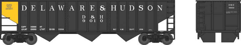 70-Ton 14-Panel 3-Bay Hopper - Ready to Run -- Delaware & Hudson #9010 (black, yellow, Spelled-Out Roadname)