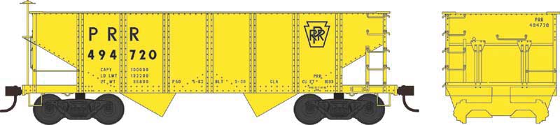 PRR Class GLa 2-Bay Open Hopper - Ready to Run -- Pennsylvania Railroad 494727 (MOW yellow, Simplified, Keystone Logo)