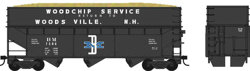 70-Ton Offset-Side Wood Chip Hopper with Flat Side Extensions - Ready to Run -- Boston & Maine #7509 (black; Large Lettering, Woods Ville NH Markings)