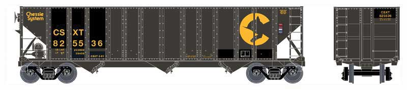 100-Ton 3-Bay Open Hopper - Ready to Run - Executive Line -- Chessie System CSXT 825698 (Patched, black, yellow)