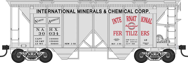 70-Ton 2-Bay Covered Hopper with Open Sides - Ready to Run -- International Minerals 30034 (gray, black, red)