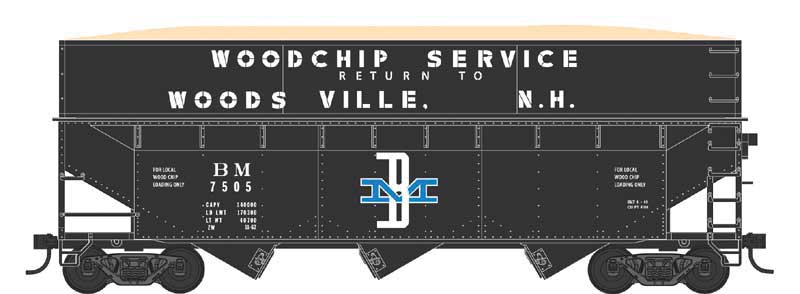 70-Ton Offset-Side Wood Chip Hopper with Flat Side Extensions - Ready to Run -- Boston & Maine 7505 (Built 6-49, black, white, blue, McGinnis Logo)