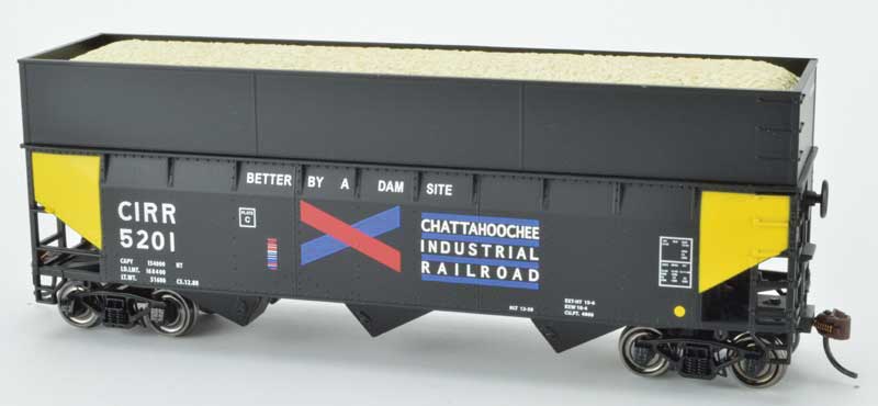 70-Ton Offset-Side Wood Chip Hopper with Flat Side Extensions - Ready to Run -- Chattahoochee Industrial 5204 (Built 12-58, black, yellow, blue, red)
