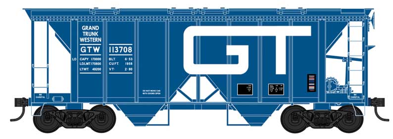 70-Ton 2-Bay Covered Hopper with Open Sides - Ready to Run -- Grand Trunk Western 113739 (blue, white, Built 6-53 Repack 2-80)