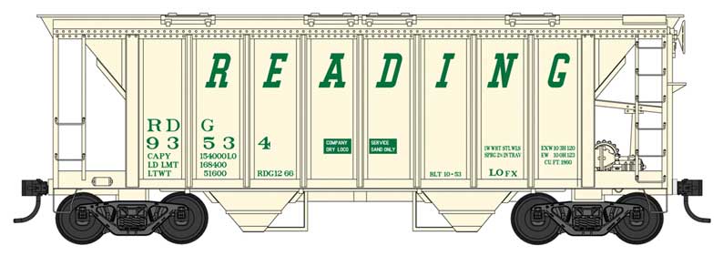70-Ton 2-Bay Covered Hopper with Closed Sides - Ready to Run -- Reading 93539 (beige, Sand Service, Built 10-53 Repack 12-66)