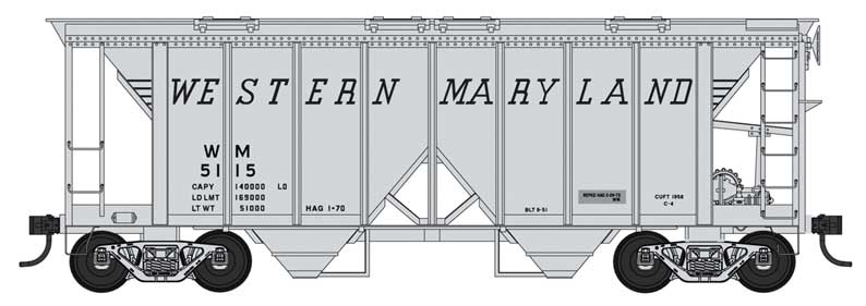 70-Ton 2-Bay Covered Hopper with Open Sides - Ready to Run -- Western Maryland 5124 (gray, black, Speed Lettering, Built 9-51 Repack 2-72)