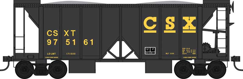 70-Ton 2-Bay Ballast Hopper with Side Chutes (Ballast Gates) - Ready to Run -- CSX 975161 (Built 12-53, black, yellow)
