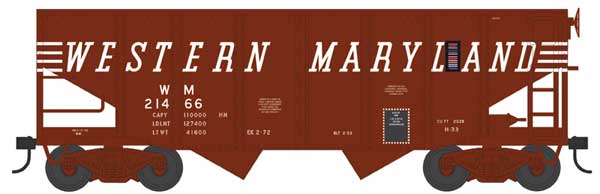 55-Ton Fishbelly Hopper - Ready to Run -- Western Maryland 21501 (Blt. 2-53, Boxcar Red, Speed Lettering)