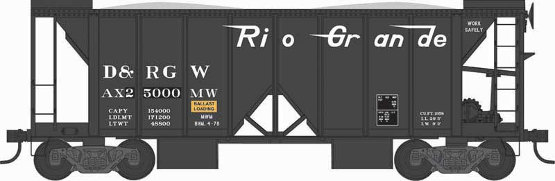 70-Ton 2-Bay Ballast Hopper with Side Chutes (Ballast Gates) - Ready to Run -- Denver & Rio Grande Western 25009 (black, Flying Grande Logo)