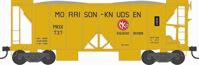 70-Ton 2-Bay Ballast Hopper with Side Chutes (Ballast Gates) - Ready to Run -- Morrison Knudsen 750 (yellow, red)