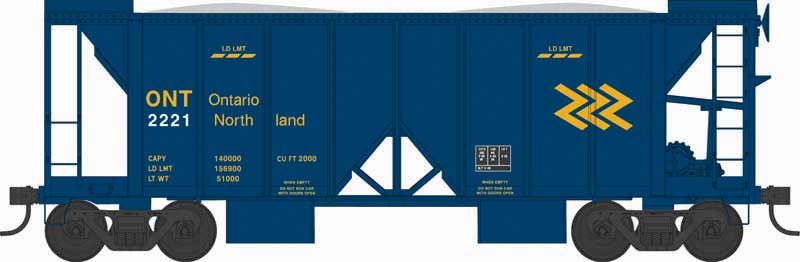 70-Ton 2-Bay Ballast Hopper with Side Chutes (Ballast Gates) - Ready to Run -- Ontario Northland 2226 (blue, yellow, Chevron Logo)