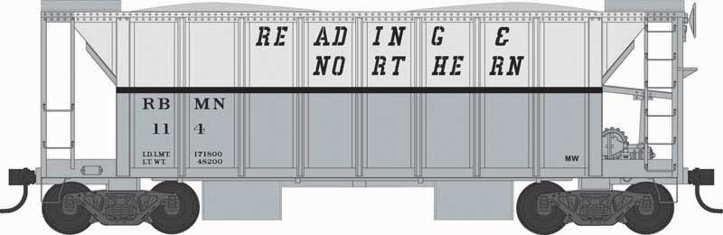 70-Ton 2-Bay Ballast Hopper with Side Chutes (Ballast Gates) - Ready to Run -- Reading & Northern 114 (gray, white)