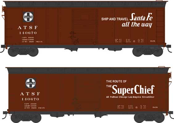40' Single-Door Boxcar - Ready to Run -- Santa Fe #140777 (Blt. 3-40, Boxcar Red, black, white, Super Chief Slogan)