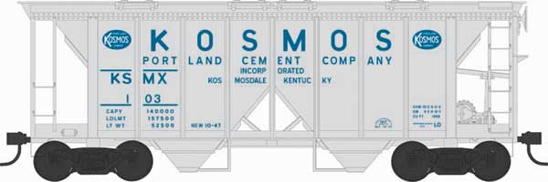 70-Ton 2-Bay Covered Hopper w/Open Sides - Ready to Run - Executive Line -- Kosmos Cement #108 (Blt. 10-47 Repack 10-47, gray, blue, billboard lettering