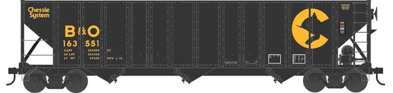 100-Ton 3-Bay Open Hopper - Ready to Run - Executive Line -- Chessie B&O #163648 (black, yellow)
