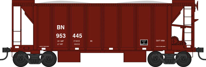 70-Ton 2-Bay Ballast Hopper with Side Chutes (Ballast Gates) - Ready to Run -- Burlington Northern #954296 (Boxcar Red, white)