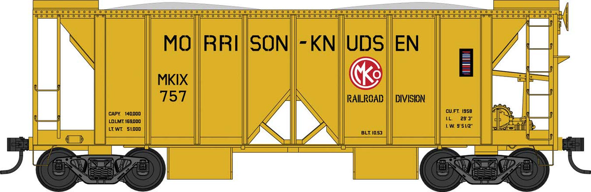 70-Ton 2-Bay Ballast Hopper with Side Chutes (Ballast Gates) - Ready to Run -- Morrison Knudsen #779 (yellow)