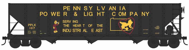 100-Ton 3-Bay Hopper - Ready to Run -- Pennsylvania Power & Light PPLX #146 (black, yellow, Reddy Kilowatt)