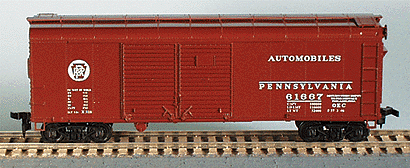 40' X-31 Round Roof Double-Door Steel Boxcar -- Pennsylvania Railroad w/Circle Keystone Herald Auto Service - Flush Roof