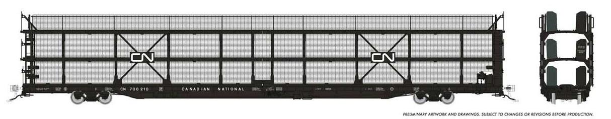NSC 89' Tri-Level Auto Rack 6-Pack - Ready to Run -- Canadian National (Late with Mesh Sides, black, white, Noodle Logo)-1
