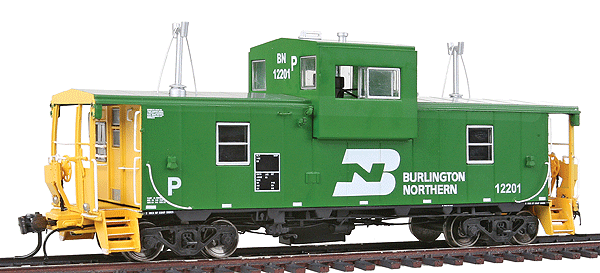 Transcona Yard Wide-Vision Caboose - Lighted & Assembled -- Burlington Northern #12201 (Cascade Green, white)