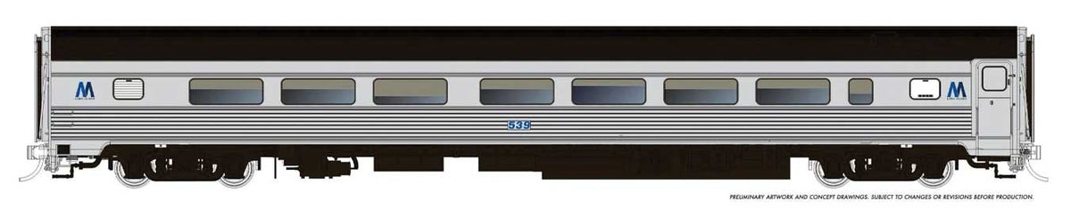 Budd Coach - Ready to Run -- Long Island #535 (MTA Scheme, stainless, black, blue M logo)