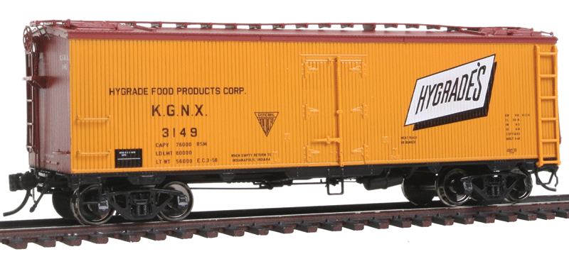 General American 37' Wood Meat Reefer - Ready to Run -- Hygrade's KGNX (50s Scheme, yellow, Boxcar Red)