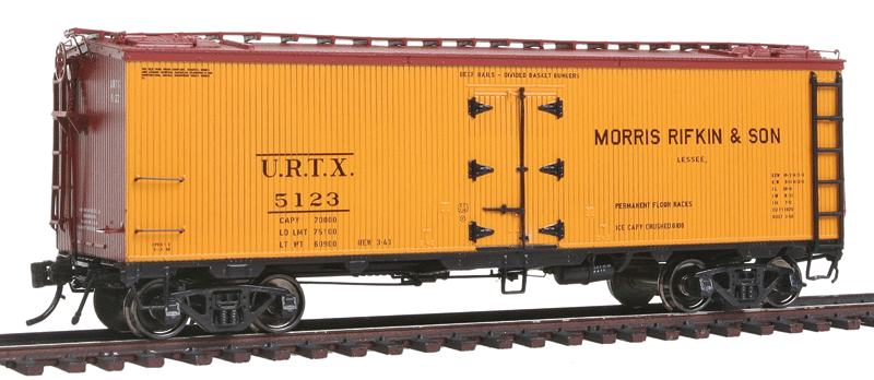 General American 37' Wood Meat Reefer - Ready to Run -- Morris Rifkin URTX (1940 Scheme, yellow, Boxcar Red, No Logo)