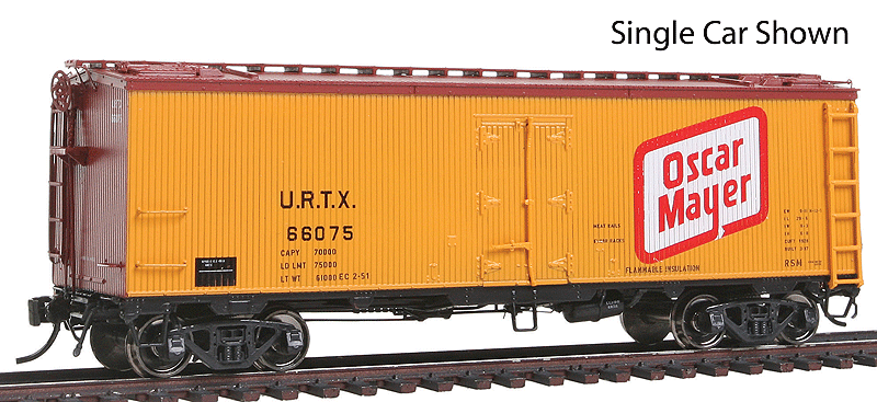 General American 37' Wood Meat Reefer 4-Pack - Ready to Run -- Oscar Mayer URTX #66051, 66053, 66059, 66075 (Late 40s, yellow, Large Logo)