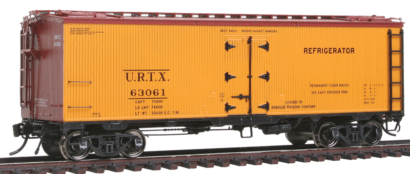 General American 37' Wood Meat Reefer - Ready to Run -- Union Refrigerator Transit (1938 Scheme; yellow, Boxcar Red, No Logo)