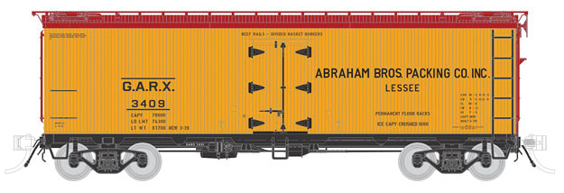 General American 37' Wood Meat Reefer 4-Pack - Ready to Run -- Abraham Bros. Packing Co. GARX #3401, 3405, 3407, 3409 (yellow, Boxcar Red)
