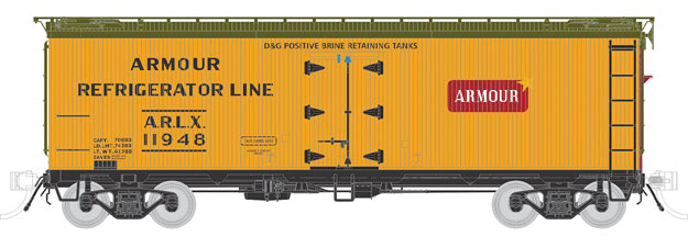 General American 37' Wood Meat Reefer - Ready to Run -- Armour ARLX (1939, yellow, green)