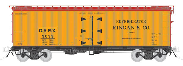General American 37' Wood Meat Reefer - Ready to Run -- Kingan GARX (1939, yellow, Boxcar Red)