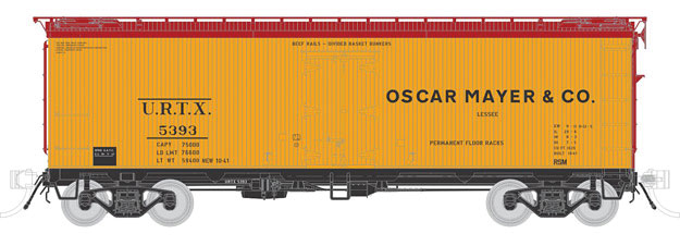 General American 37' Wood Meat Reefer 4-Pack - Ready to Run -- Oscar Mayer URTX #5387, 5389, 5392, 5393 (1941, yellow, Boxcar Red)