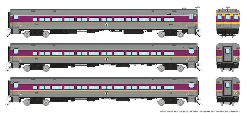 P-S Comet Commuter 2 Coach and Cab Car Set - Ready to Run -- Boston MBTA Set #1 (Cab #1300, Coaches #310, 322, As-Delivered, silver, purp