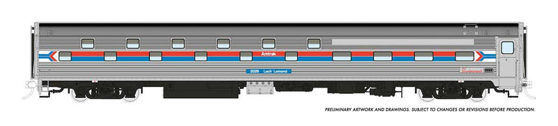 Budd Slumbercoach - Ready to Run -- Amtrak 2024 Loch Sloy (Phase I, stainless, red, blue, white, Arrow Logo)