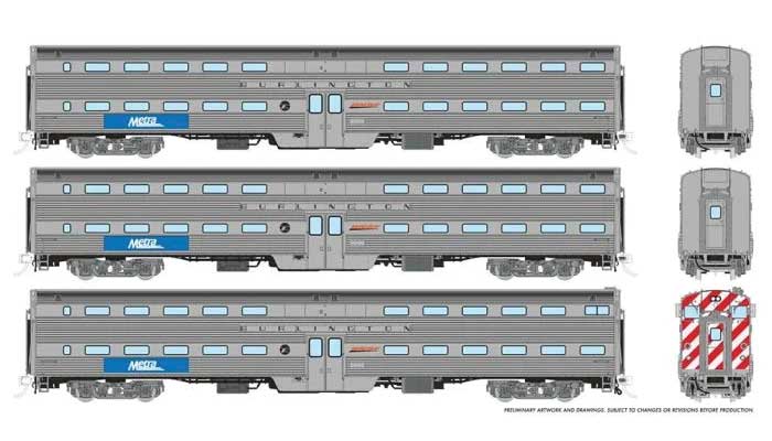 Budd Gallery Bi-Level Commuter Cab Coach & 2 Coach Set - Ready to Run -- Metra Set #2 (Cab #801 Coaches #762, 780, Burlington Lettering)