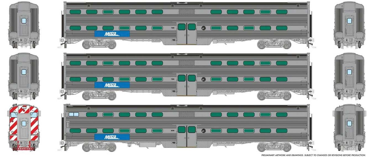 MILW-RI Style Budd Gallery Commuter Cab Coach & 2-Coach Set - Ready to Run -- Metra Set #2 Cab #8274 Coaches 7310, 7348 (Modern Logo, stainless, blue, whi