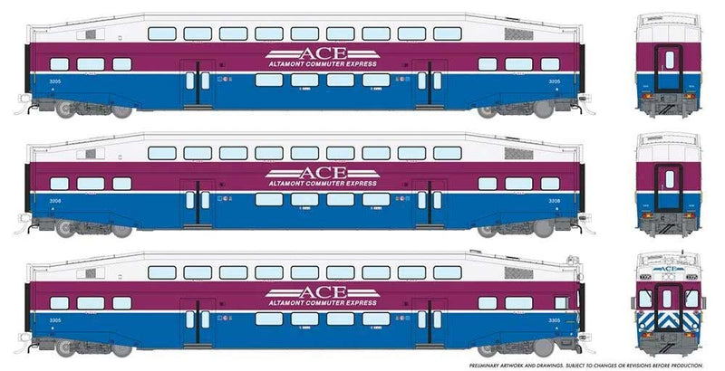 Bi-Level Commuter 2 Coach and Cab Car Set - Ready to Run -- Altamont Commuter Express Set #1 #3305, 3205, 3208 (white, purple, blue)