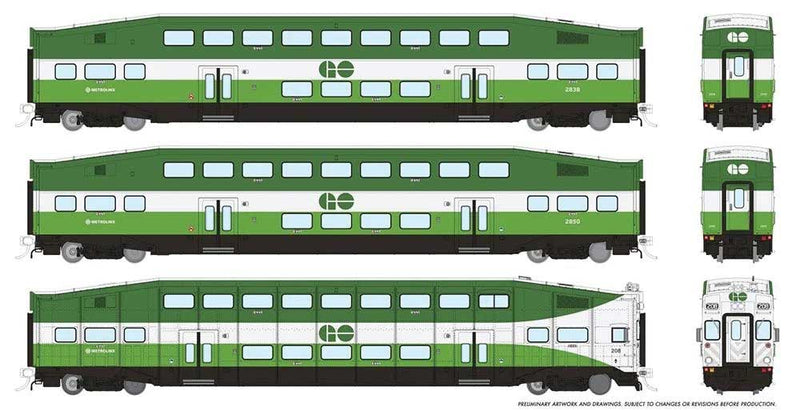 Bi-Level Commuter 2 Coach and Cab Car Set - Ready to Run -- Go Transit/Metrolinx Set #2 #212, 2846, 2857 (green, white)