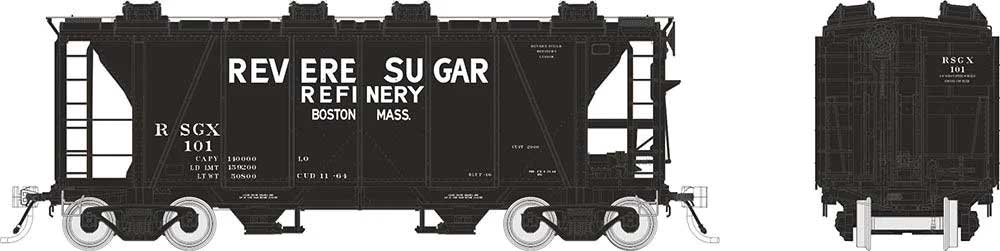 Enterprise 2-Bay Covered Hopper 6-Pack - Ready to Run -- Revere Sugar #101, 102, 103, 107, 109, 111, 112 (1955, black, white)