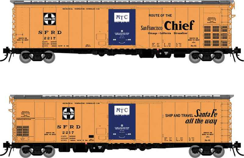 Santa Fe Class RR-61 Mechanical Reefer 4-Pack - Ready to Run -- Santa Fe 2217, 2219, 2221, 2235 (orange, black, blue, San Francisco Chief)