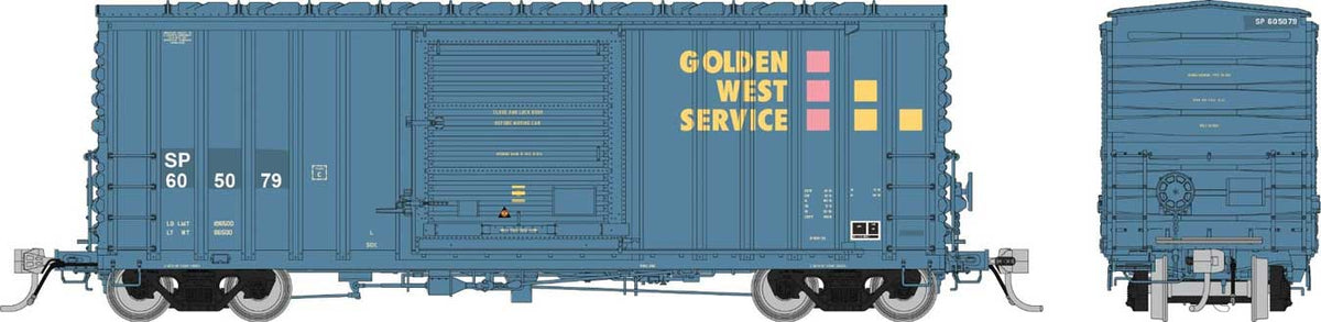 PC&F B-100-34 Boxcar - Ready to Run -- Golden West Service SP (Faded, blue, yellow, red)