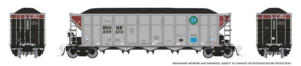 AutoFlood III Rapid Discharge Coal Hopper w/Load 6-Pack - Ready to Run -- BNSF Railway #699610 (silver, Boxcar Red Double End, Circle/Cross Logo)