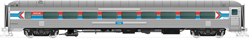 Pullman-Bradley 72-Seat Coach No Skirts - Ready to Run -- Amtrak #7256 (Phase I, Stainless Steel, wide red & blue Stripes, Arrow Logo)