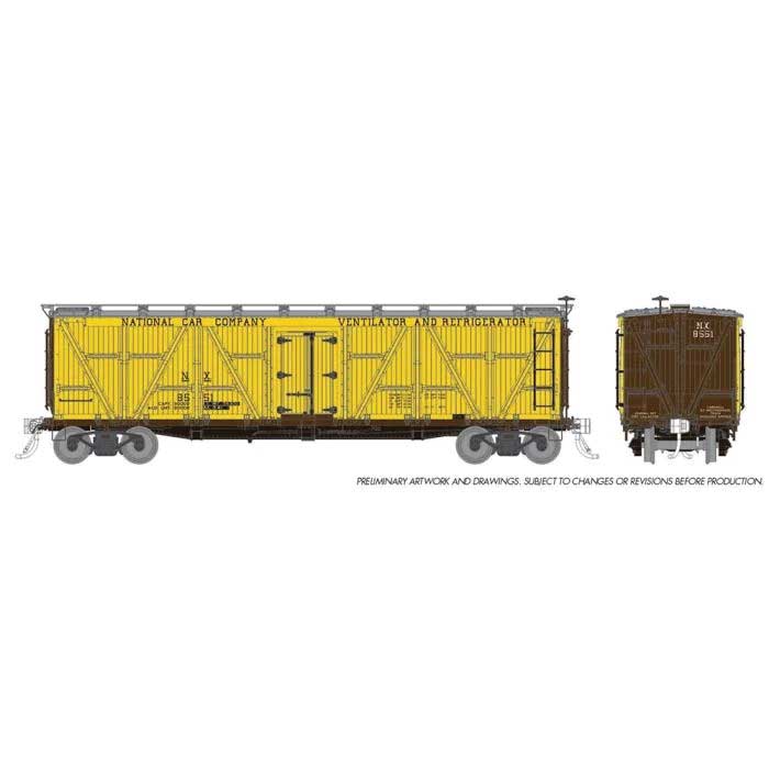 FGE Class R7 Wood Reefer 6-Pack - Ready to Run -- National Car Co. (yellow, silver roof, dark brown ends)