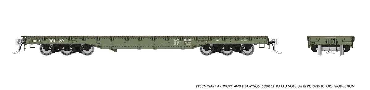 Magor 54' Department of Defense (DODX) Flatcar 6-Pack - Ready to Run -- United States Army DODX (Early Patched Reporting Marks, olive, white)