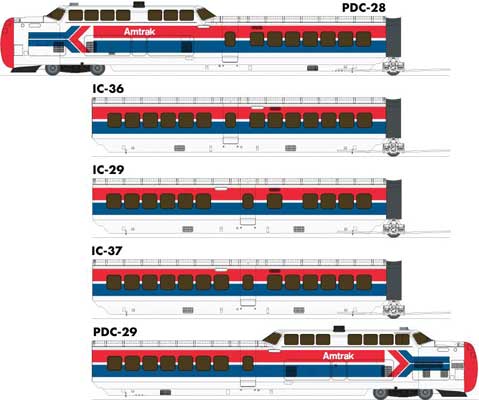 UAC TurboTrain 5-Car Passenger Train-Only Set (2022 Ver.) - Sound & DCC Equipp -- Amtrak #50, 70, 71, 72, 51 (Late Scheme; white, red, blue)