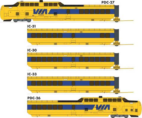 UAC TurboTrain 5-Car Passenger Train-Only Set (2022 Ver.) - Sound & DCC Equipp -- VIA Rail Canada #146-201-256-228-151 (yellow, blue)