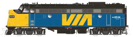 GMDD FP9A - LokSound and DCC - True North -- VIA Rail Canada #6534 (blue, yellow, black; Red VIA Logo)